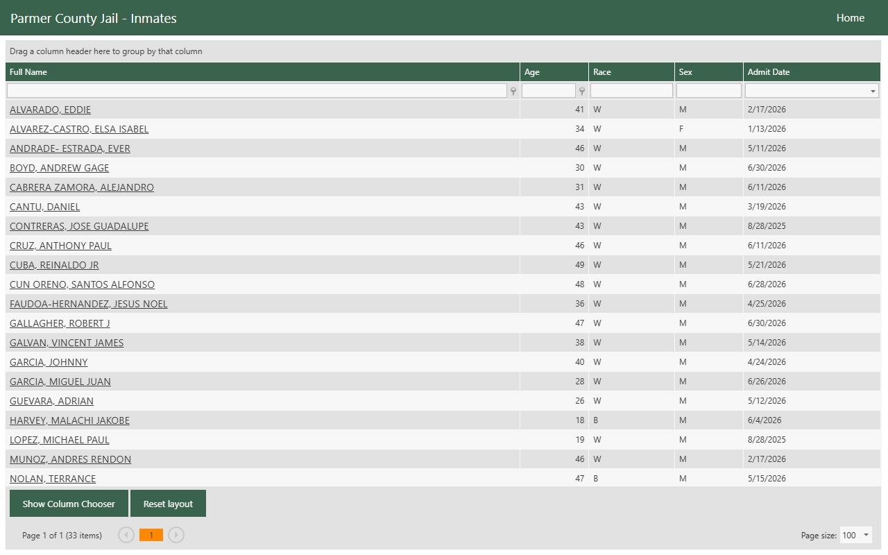 Parmer County Jail current-inmates grid with name, age, race, sex, and admit date columns